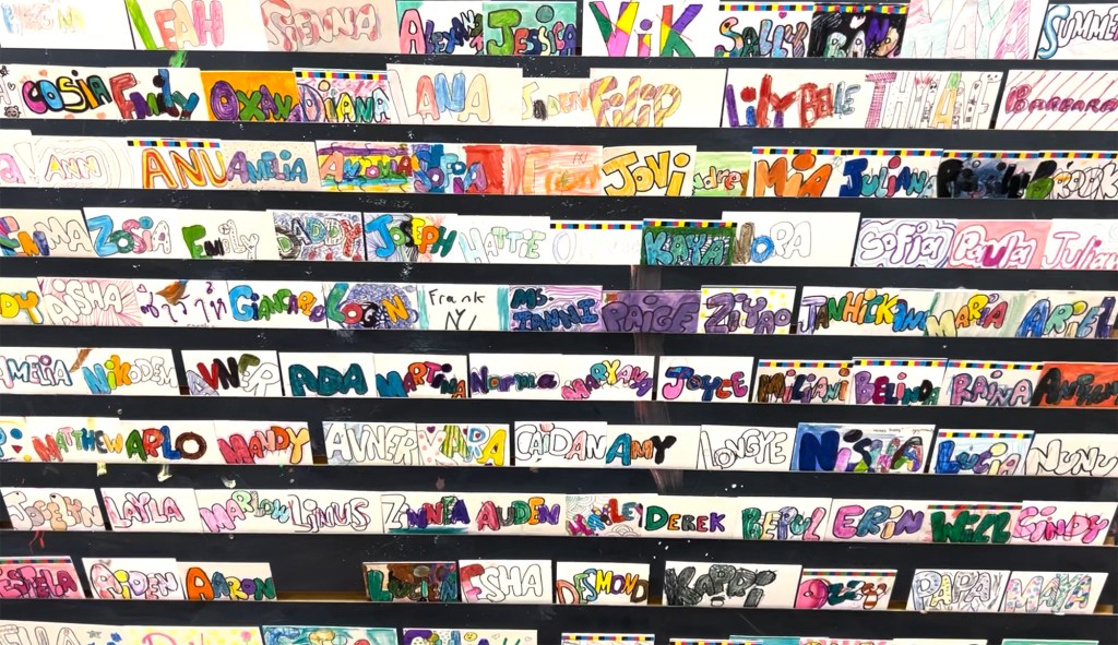 bubble letters, name cards, kids art studio