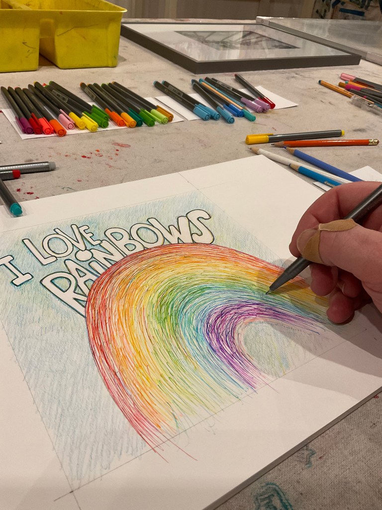 hand lettering, original drawing, i love rainbows, wall art