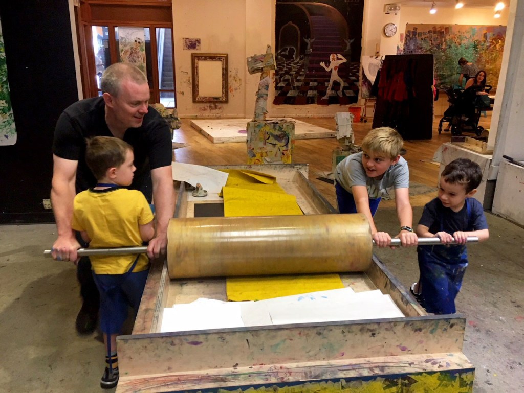 printmaking with kids, printmaking workshop, printing press, diy printing press